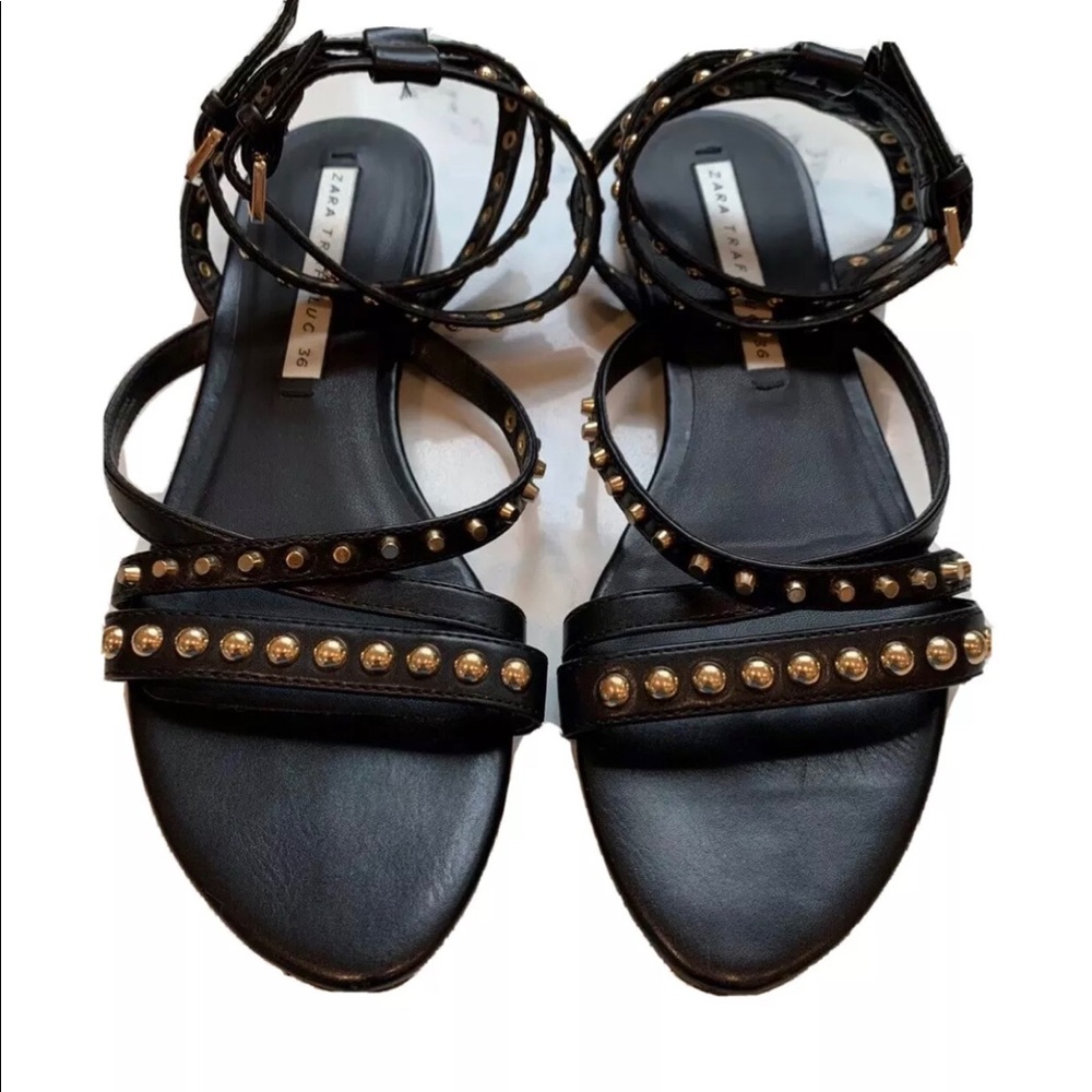 Zara Trafaluc Black Leather Gold Studded 36